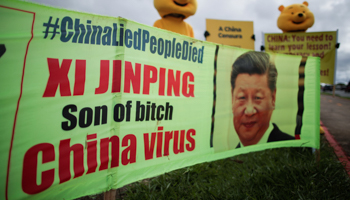 Demonstrators use a banner with insults to Chinese President Xi Jinping during a protest in Brasilia, Brazil, March 27 (Reuters/Ueslei Marcelino)